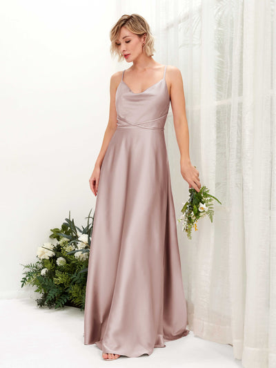Carlyna Wallis A-Line Dusty Rose Satin Bridesmaid Dress Maxi Sleeveless Cowl Neck Dress Front View #color_dusty-rose