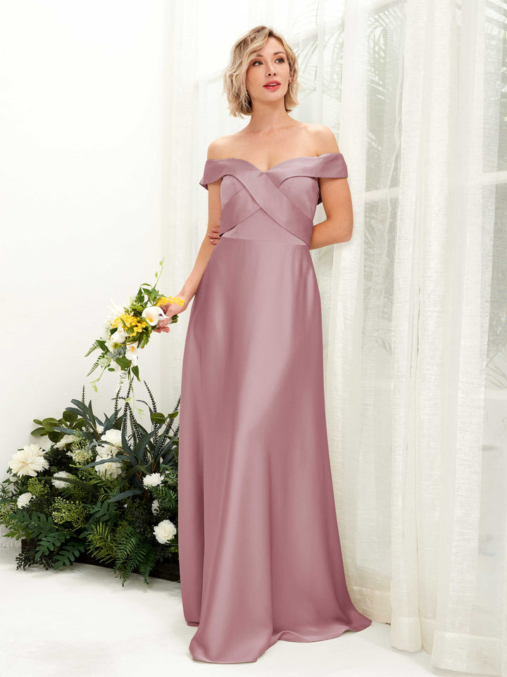 A-line Ball Gown Off Shoulder Sweetheart Satin Bridesmaid Dress - Rose Quartz (80224266)