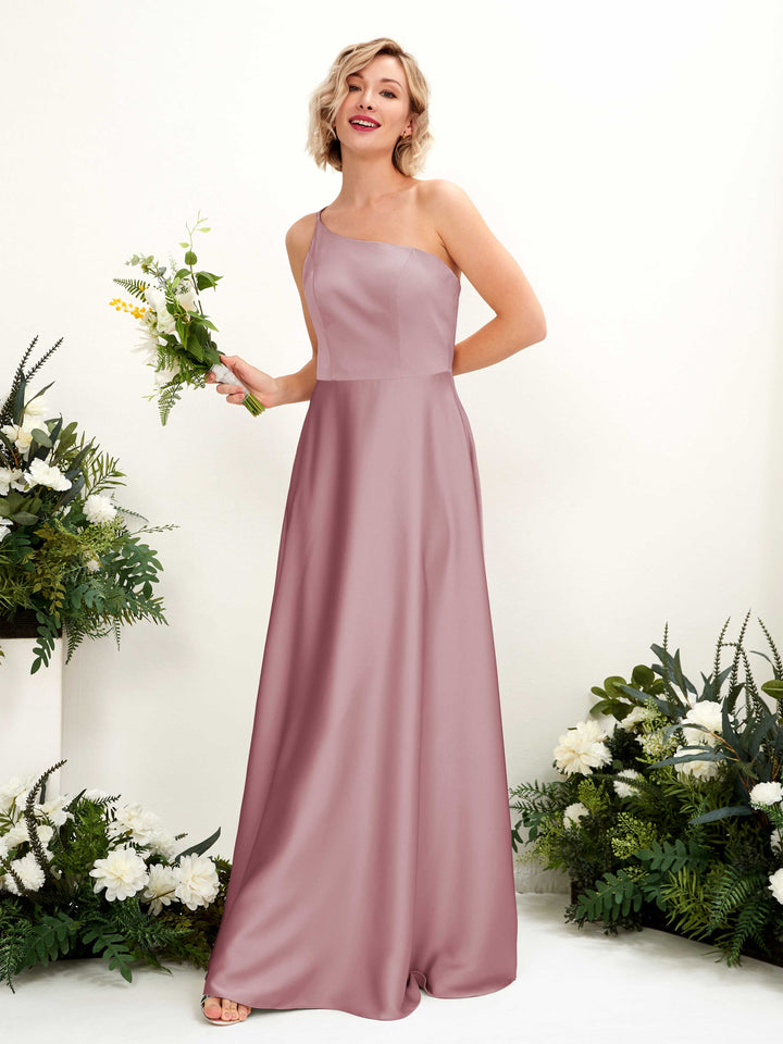 A-line Ball Gown One Shoulder Sleeveless Satin Bridesmaid Dress - Rose Quartz (80224766)