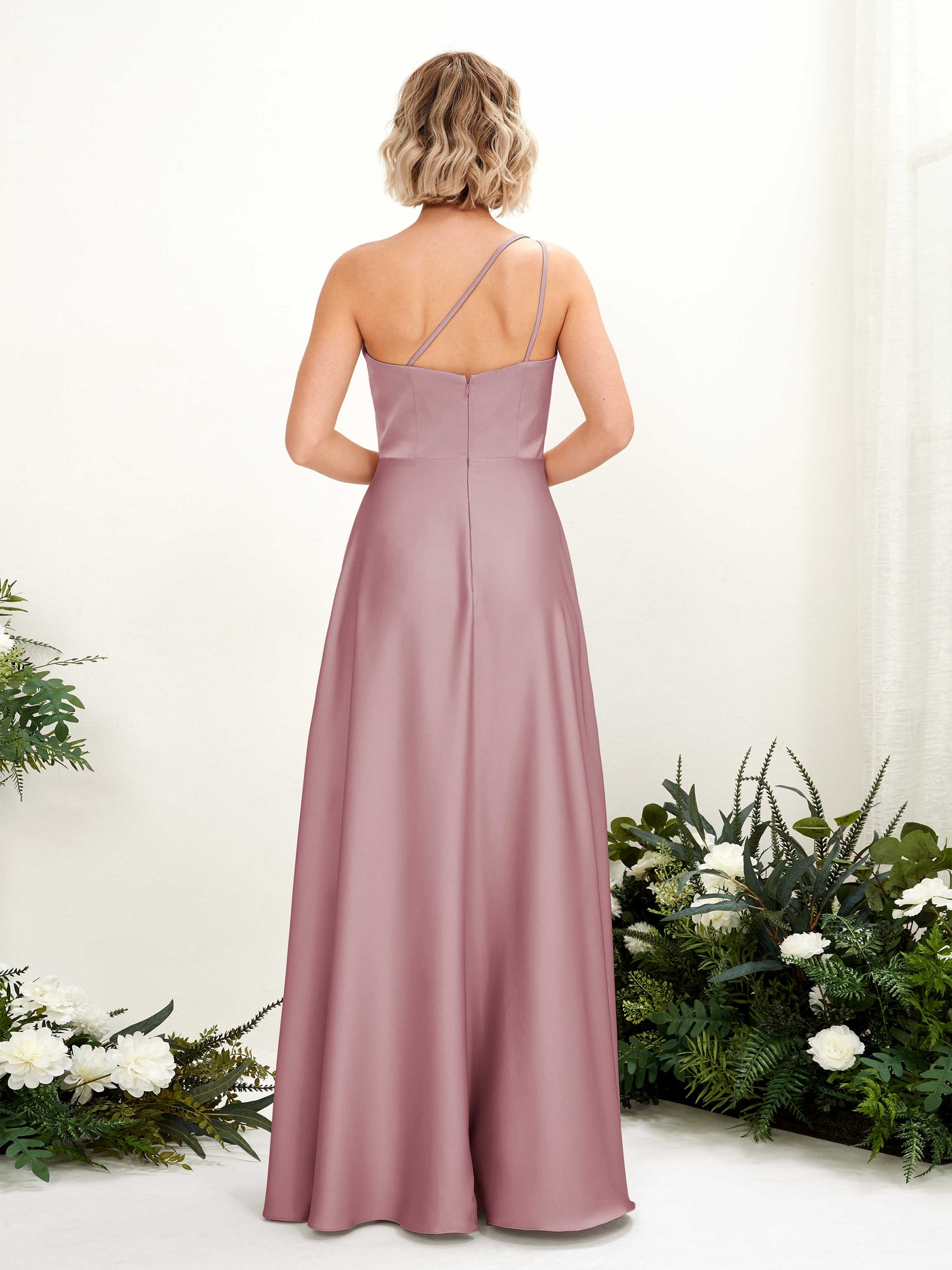A-line Ball Gown One Shoulder Sleeveless Satin Bridesmaid Dress - Rose Quartz (80224766)#color_rose-quartz