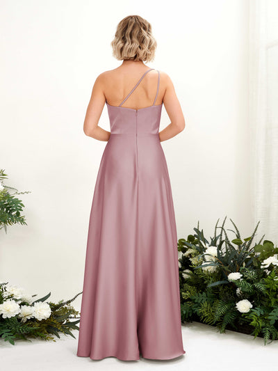 Carlyna Dinah A-Line Rose Quartz Satin Bridesmaid Dress Maxi Sleeveless One Shoulder Dress Back View #color_rose-quartz