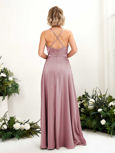 Carlyna Nydia A-Line Rose Quartz Satin Bridesmaid Dress Maxi Sleeveless Cowl Neck Dress Back View #color_rose-quartz