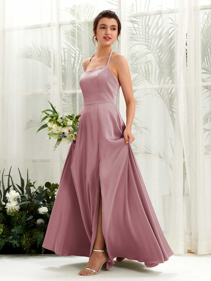 A-line Open back Sexy Slit Halter Bridesmaid Dress - Rose Quartz (80223966)