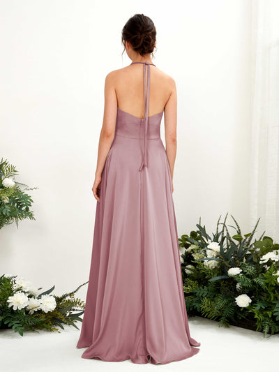 Carlyna Jocelyn A-Line Rose Quartz Satin Bridesmaid Dress Maxi Sleeveless Halter Dress Back View #color_rose-quartz