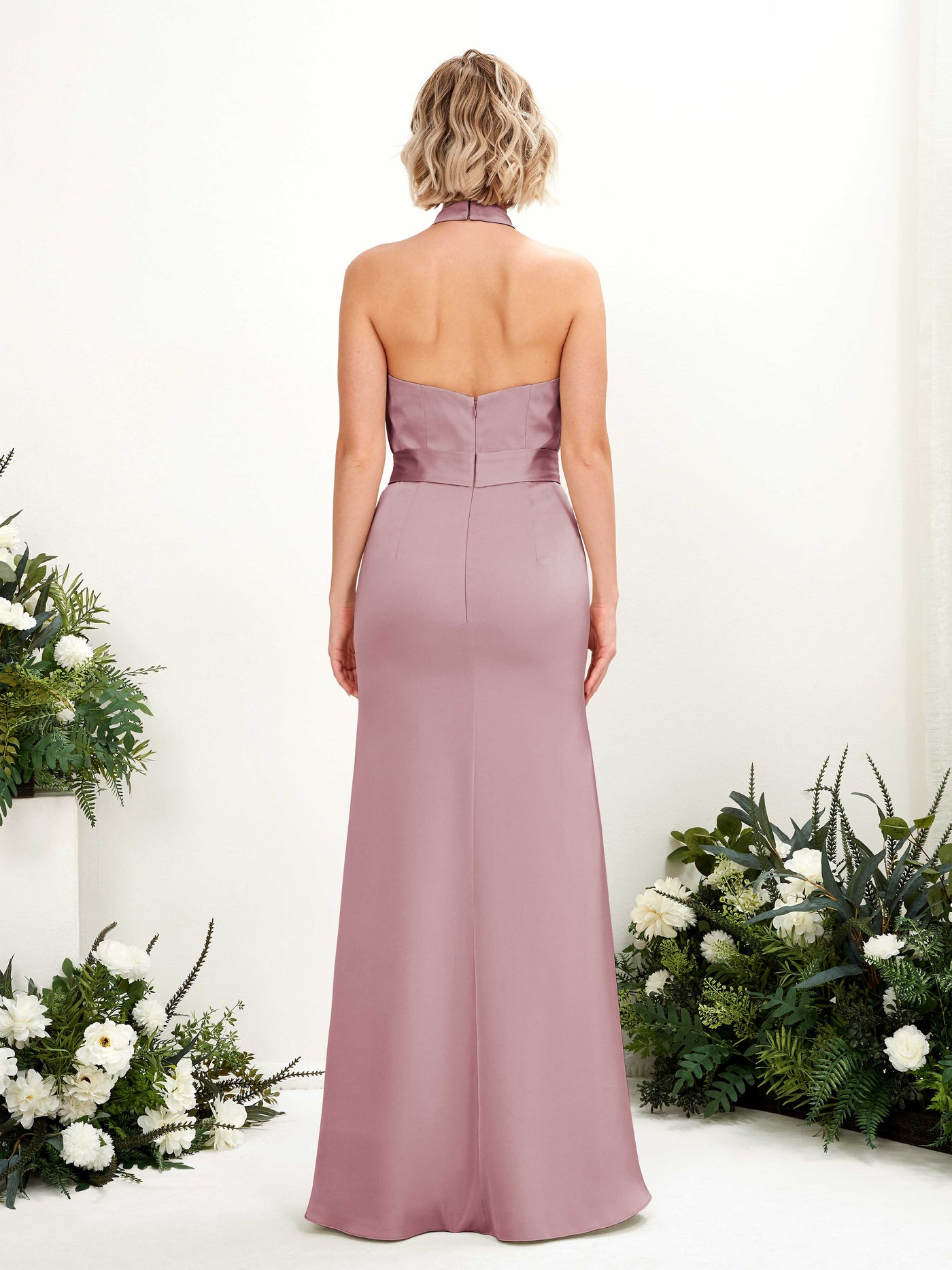 Open back Sexy Slit Halter Satin Bridesmaid Dress - Rose Quartz (80224966)#color_rose-quartz