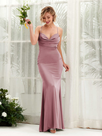 Carlyna Regina Mermaid Rose Quartz Satin Bridesmaid Dress Maxi Sleeveless Cowl Neck Dress Side View 4 #color_rose-quartz