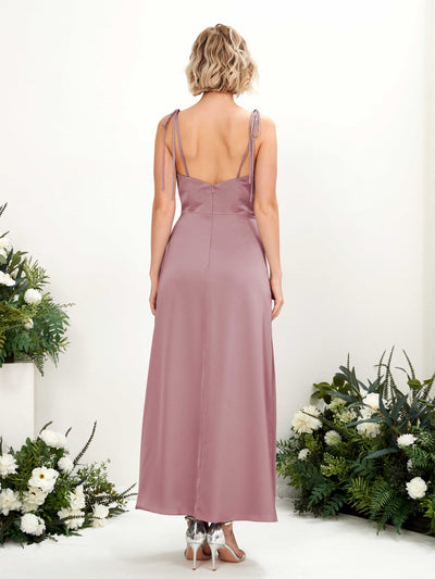 Carlyna Viola Sheath Rose Quartz Satin Bridesmaid Dress Midi Sleeveless Cowl Neck Dress Back View #color_rose-quartz
