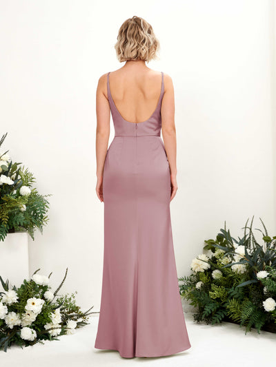 Carlyna Agatha Mermaid Rose Quartz Satin Bridesmaid Dress Maxi Sleeveless V-Neck Dress Back View #color_rose-quartz
