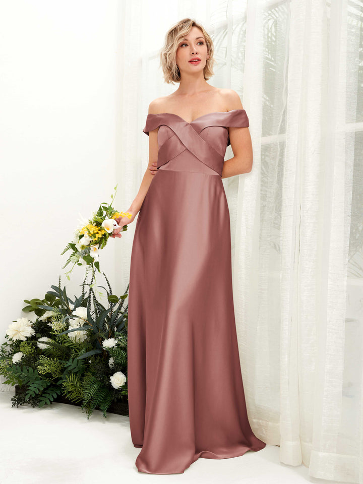 A-line Ball Gown Off Shoulder Sweetheart Satin Bridesmaid Dress - Desert Rose (80224217)