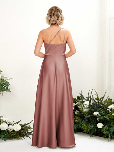 Carlyna Dinah A-Line Desert Rose Satin Bridesmaid Dress Maxi Sleeveless One Shoulder Dress Back View #color_desert-rose