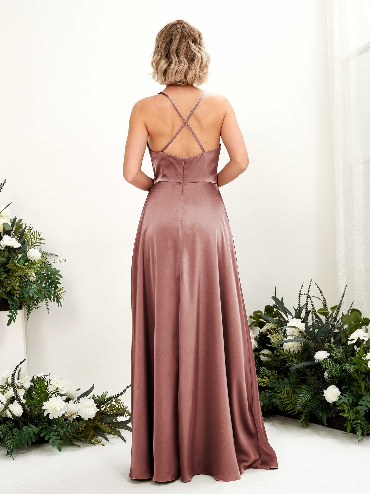 A-line Ball Gown Sexy Slit Straps Satin Bridesmaid Dress - Desert Rose (80222217)#color_desert-rose