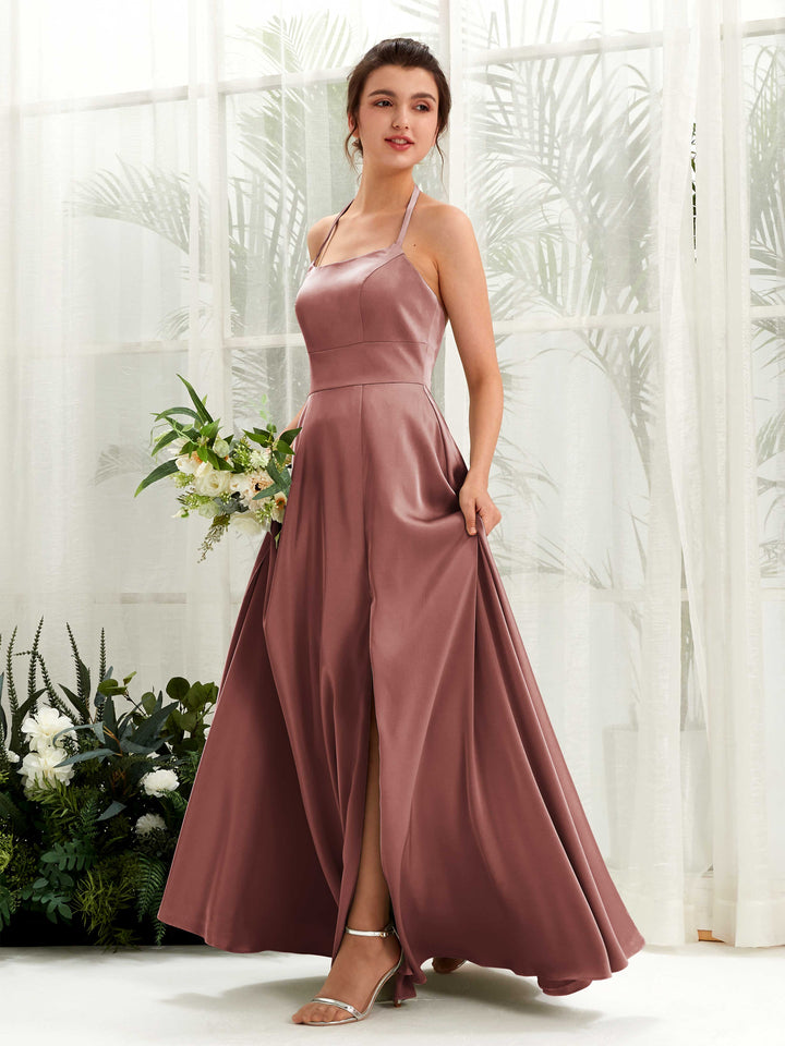 A-line Open back Sexy Slit Halter Bridesmaid Dress - Desert Rose (80223917)