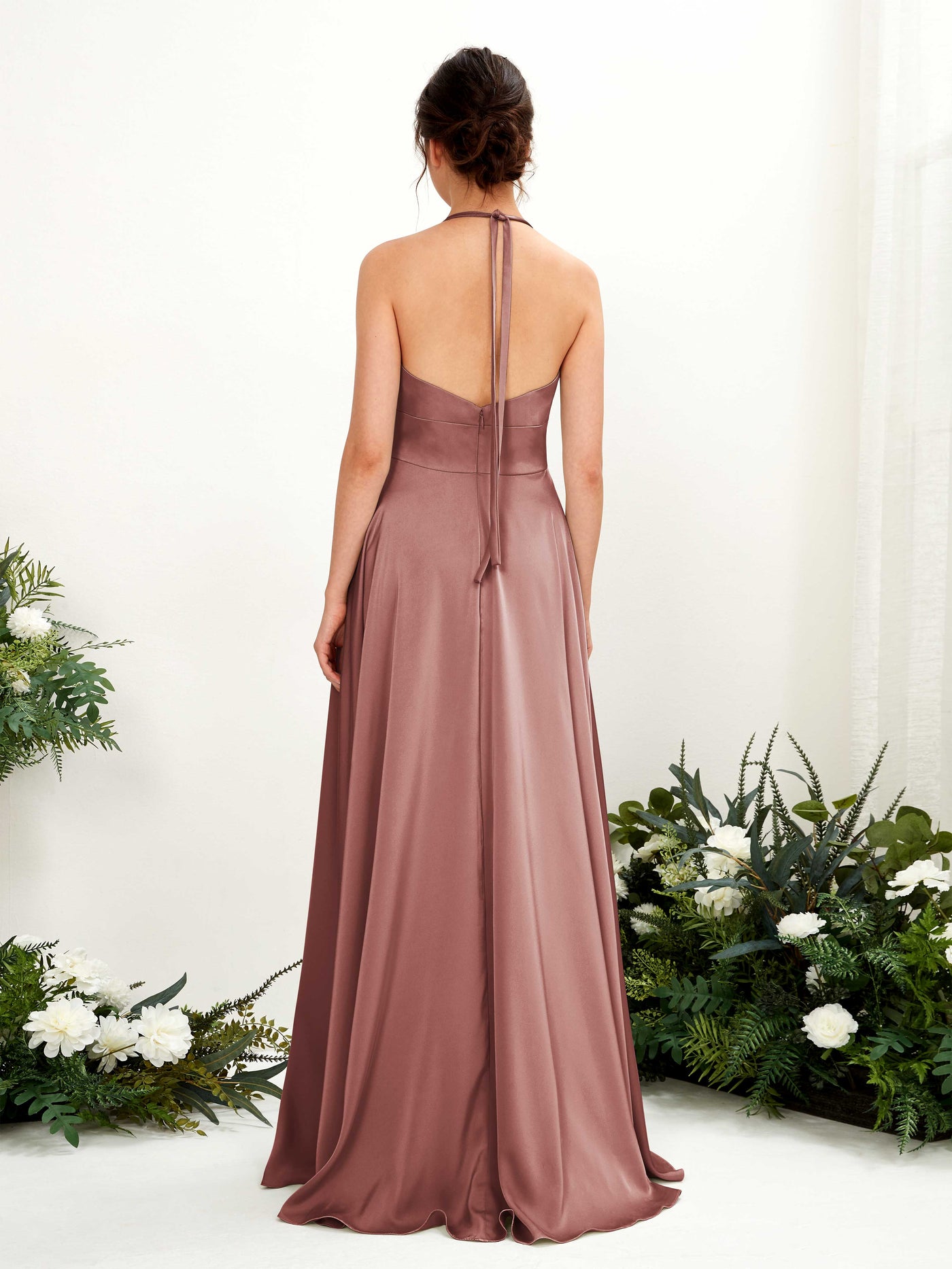 A-line Open back Sexy Slit Halter Bridesmaid Dress - Desert Rose (80223917)#color_desert-rose