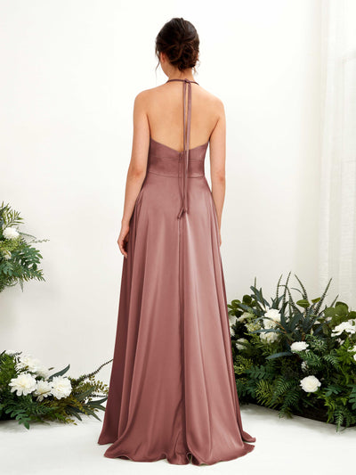 Carlyna Jocelyn A-Line Desert Rose Satin Bridesmaid Dress Maxi Sleeveless Halter Dress Back View #color_desert-rose