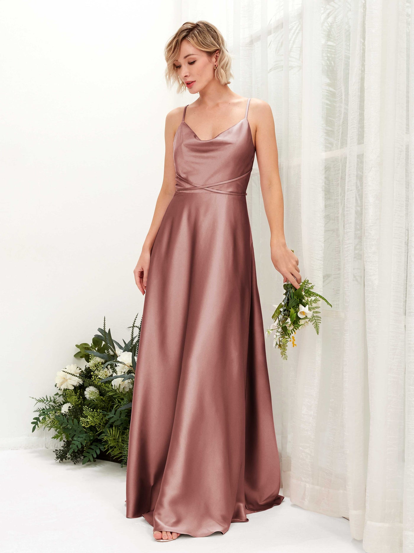 A-line Open back Straps Sleeveless Satin Bridesmaid Dress - Desert Rose (80223117)#color_desert-rose
