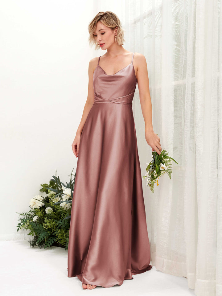 A-line Open back Straps Sleeveless Satin Bridesmaid Dress - Desert Rose (80223117)