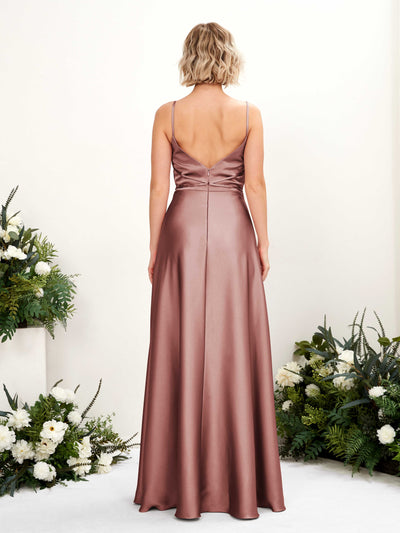 Carlyna Wallis A-Line Desert Rose Satin Bridesmaid Dress Maxi Sleeveless Cowl Neck Dress Back View #color_desert-rose