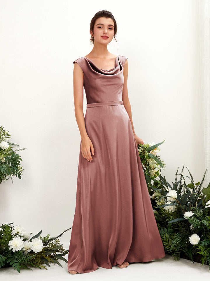 A-line Scoop Sleeveless Satin Bridesmaid Dress - Desert Rose (80221217)