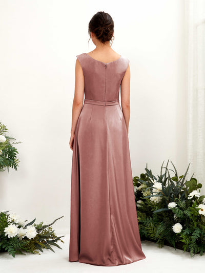 Carlyna Irma A-Line Desert Rose Satin Bridesmaid Dress Maxi Sleeveless Cowl Neck Dress Back View #color_desert-rose