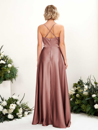 Carlyna Lenoya A-Line Desert Rose Satin Bridesmaid Dress Maxi Sleeveless V-Neck Dress Back View #color_desert-rose