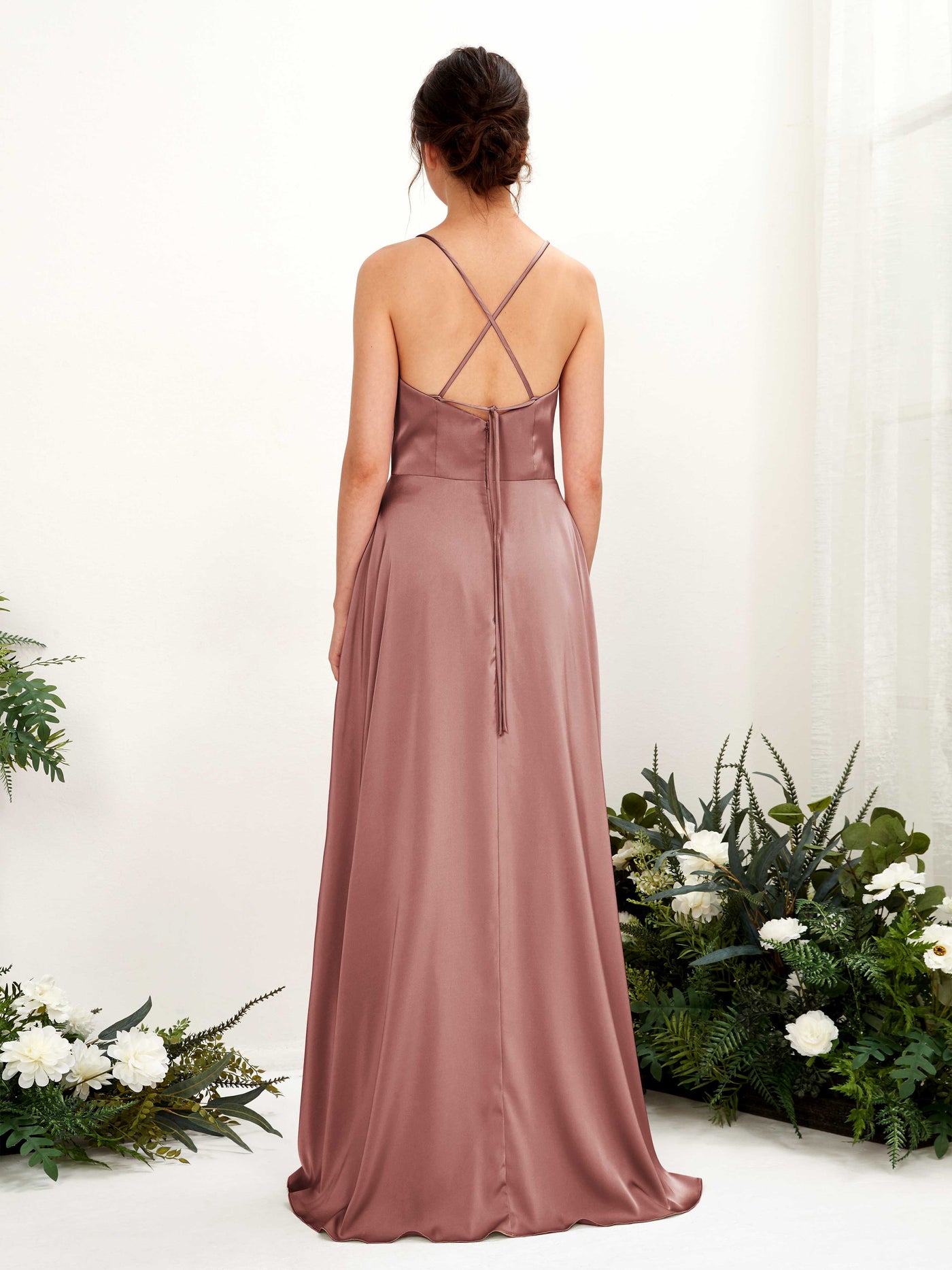 Ball Gown Sexy Slit Straps Sleeveless Satin Bridesmaid Dress - Desert Rose (80221117)#color_desert-rose