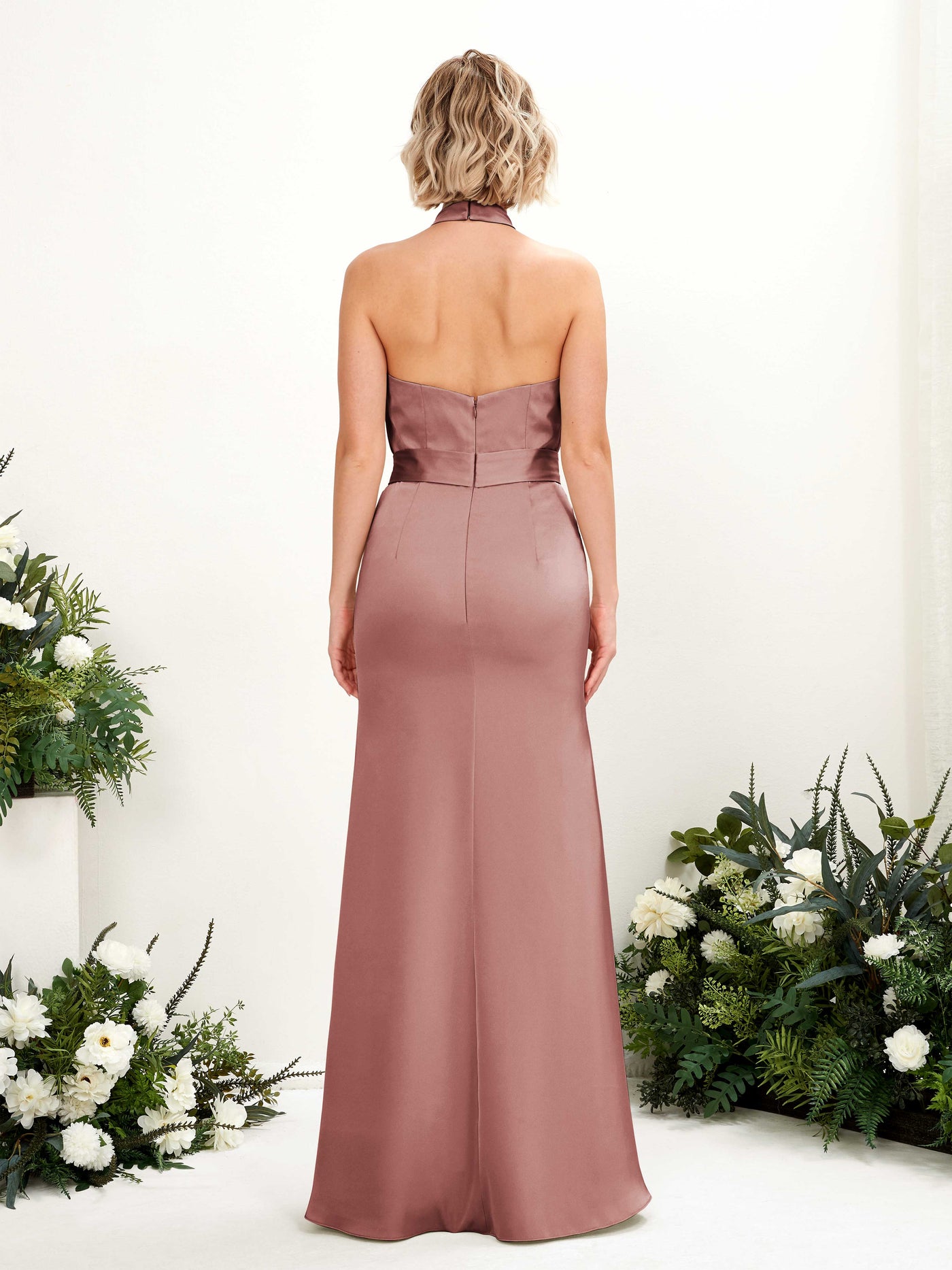 Open back Sexy Slit Halter Satin Bridesmaid Dress - Desert Rose (80224917)#color_desert-rose