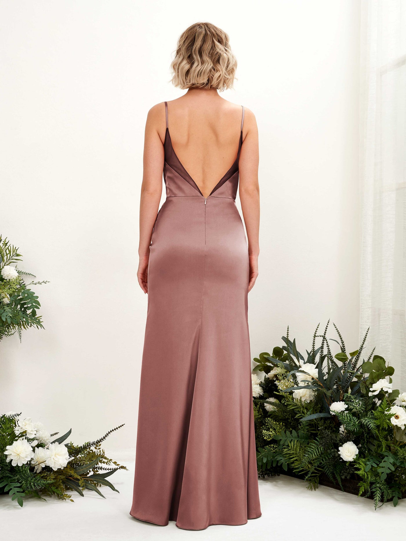 Open back Sexy Slit Spaghetti-straps Satin Bridesmaid Dress - Desert Rose (80222617)#color_desert-rose