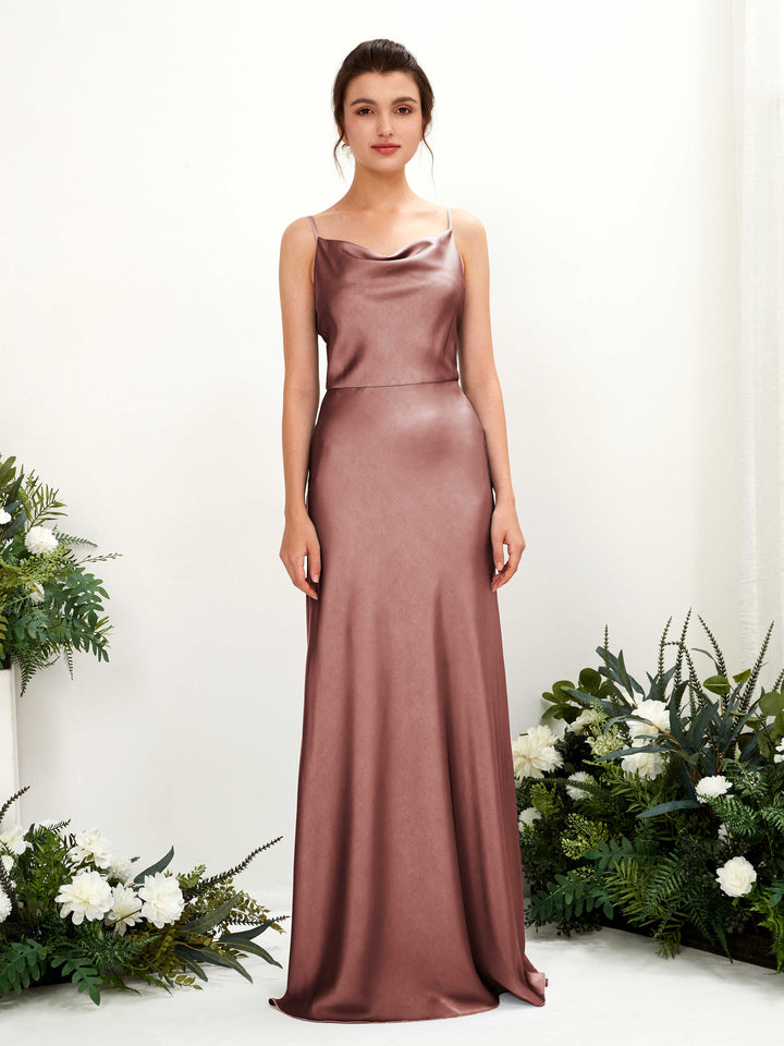 Open back Spaghetti-straps Sleeveless Satin Bridesmaid Dress - Desert Rose (80221817)