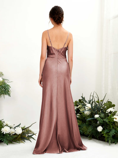 Carlyna Flora A-Line Desert Rose Satin Bridesmaid Dress Maxi Sleeveless Cowl Neck Dress Back View #color_desert-rose