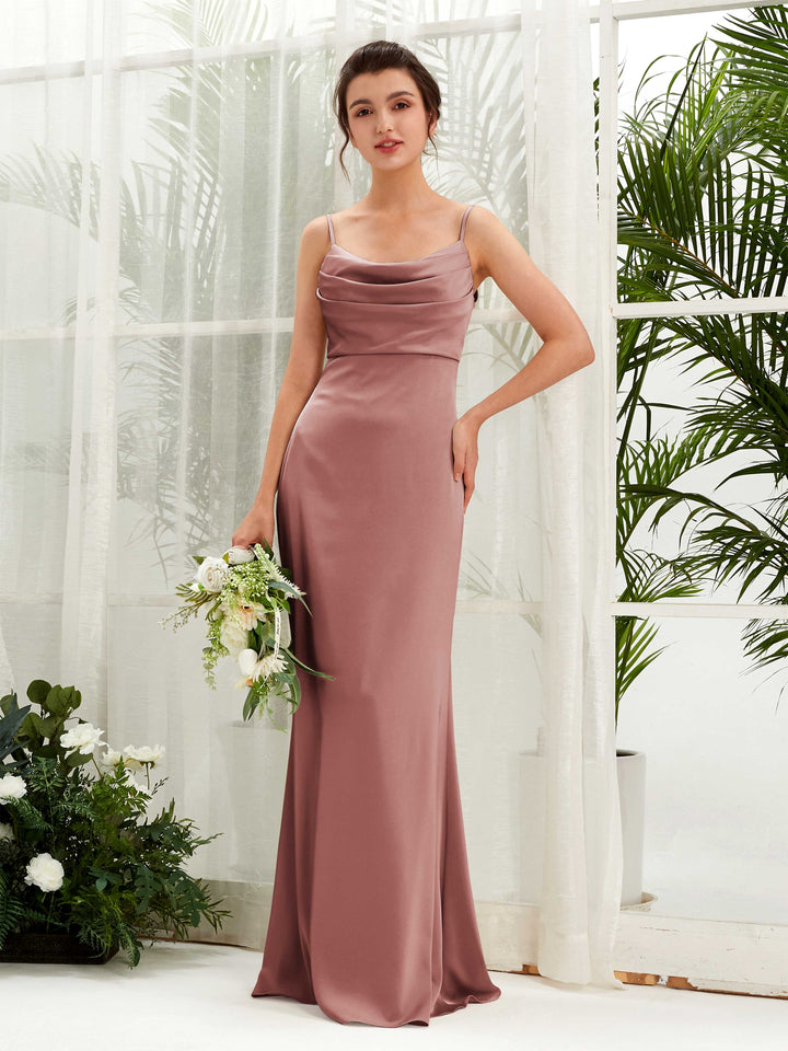 Open back Straps Sleeveless Satin Bridesmaid Dress - Desert Rose (80221717)