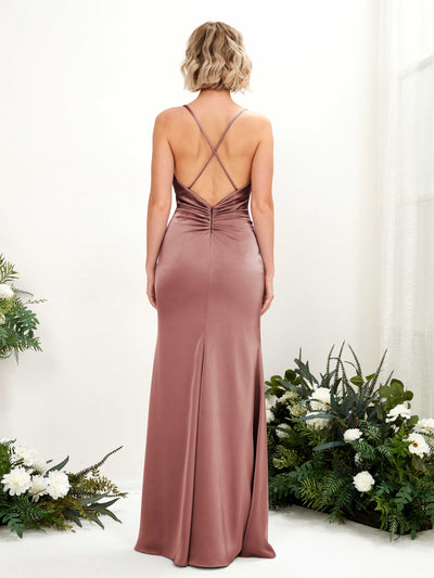 Carlyna Regina Mermaid Desert Rose Satin Bridesmaid Dress Maxi Sleeveless Cowl Neck Dress Side View 2 #color_desert-rose