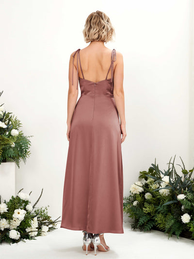 Carlyna Viola Sheath Desert Rose Satin Bridesmaid Dress Midi Sleeveless Cowl Neck Dress Back View #color_desert-rose