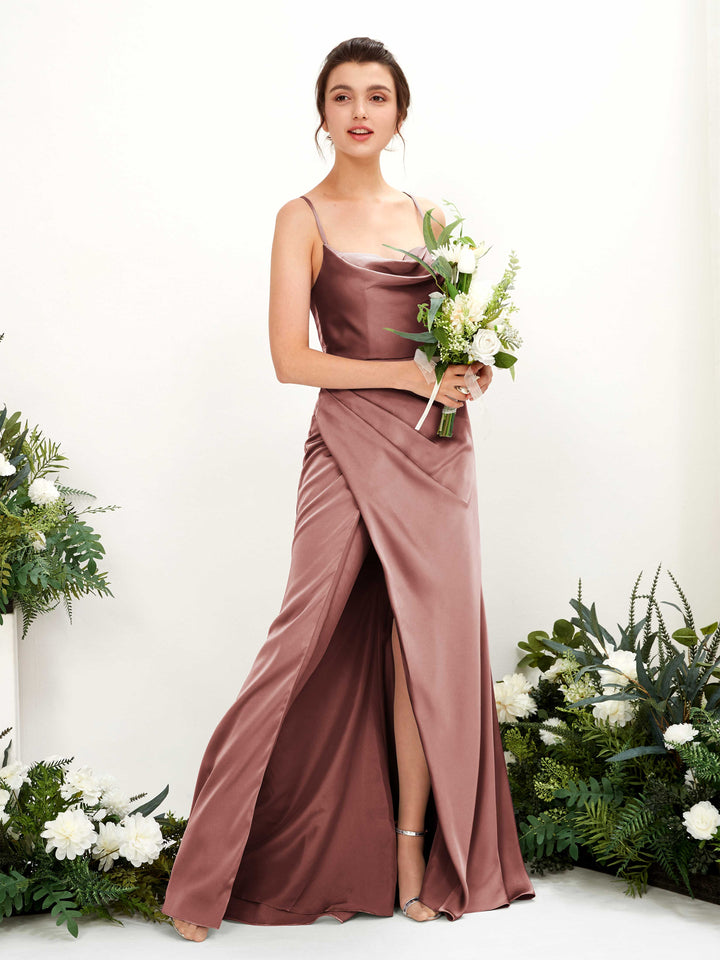 Sexy Slit Straps Sleeveless Satin Bridesmaid Dress - Desert Rose (80222417)