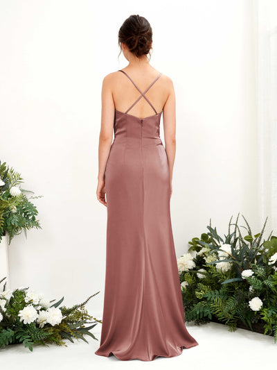 Carlyna Mavis Slim Desert Rose Satin Bridesmaid Dress Maxi Sleeveless Cowl Neck Dress Back View #color_desert-rose
