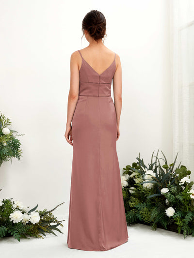 Carlyna Kama Mermaid Desert Rose Satin Bridesmaid Dress Maxi Sleeveless V-Neck Dress Back View #color_desert-rose