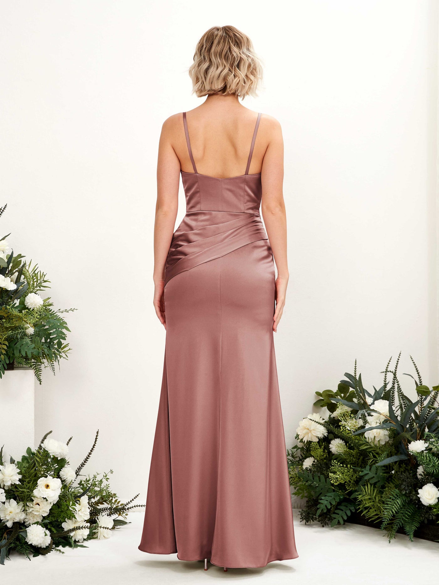 Straps V-neck Sleeveless Satin Bridesmaid Dress - Desert Rose (80220817)#color_desert-rose