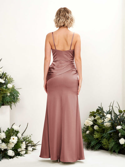 Carlyna Shirley Mermaid Desert Rose Satin Bridesmaid Dress Maxi Sleeveless V-Neck Dress Back View #color_desert-rose