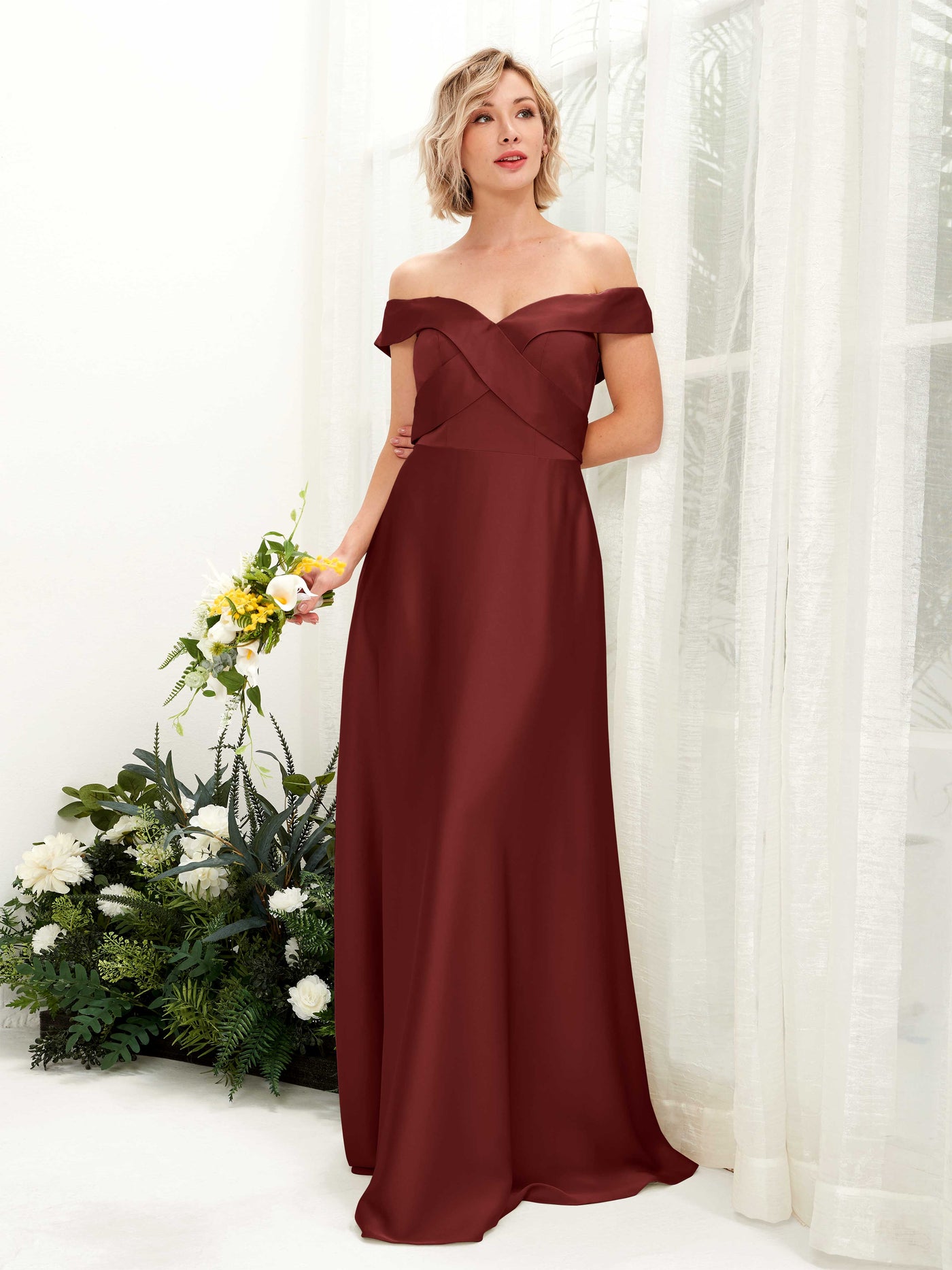 A-line Ball Gown Off Shoulder Sweetheart Satin Bridesmaid Dress - Burgundy (80224268)#color_burgundy