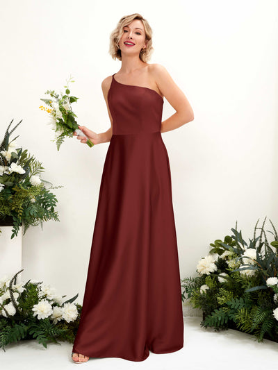 Carlyna Dinah A-Line Burgundy Satin Bridesmaid Dress Maxi Sleeveless One Shoulder Dress Front View #color_burgundy