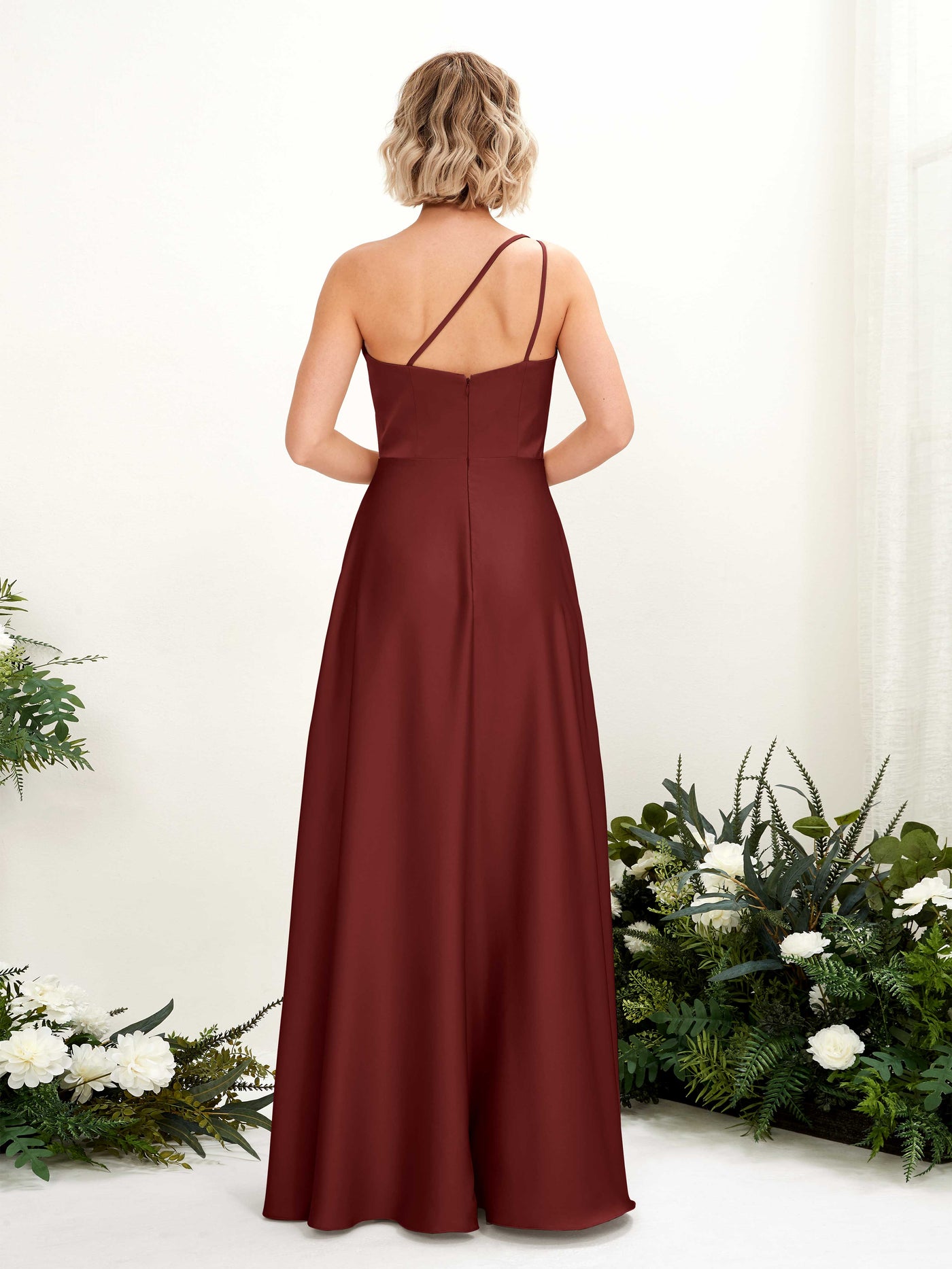 A-line Ball Gown One Shoulder Sleeveless Satin Bridesmaid Dress - Burgundy (80224768)#color_burgundy