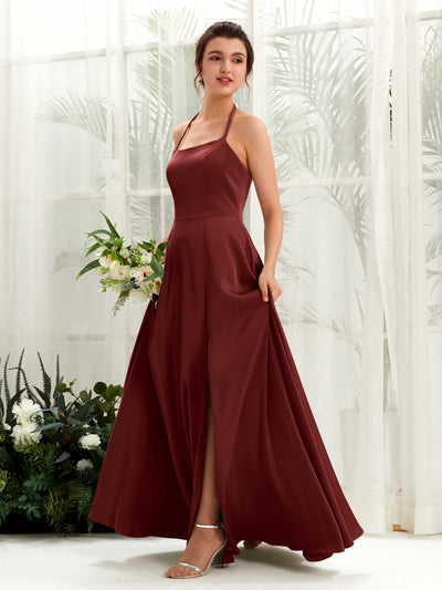 Carlyna Jocelyn A-Line Burgundy Satin Bridesmaid Dress Maxi Sleeveless Halter Dress Front View #color_burgundy