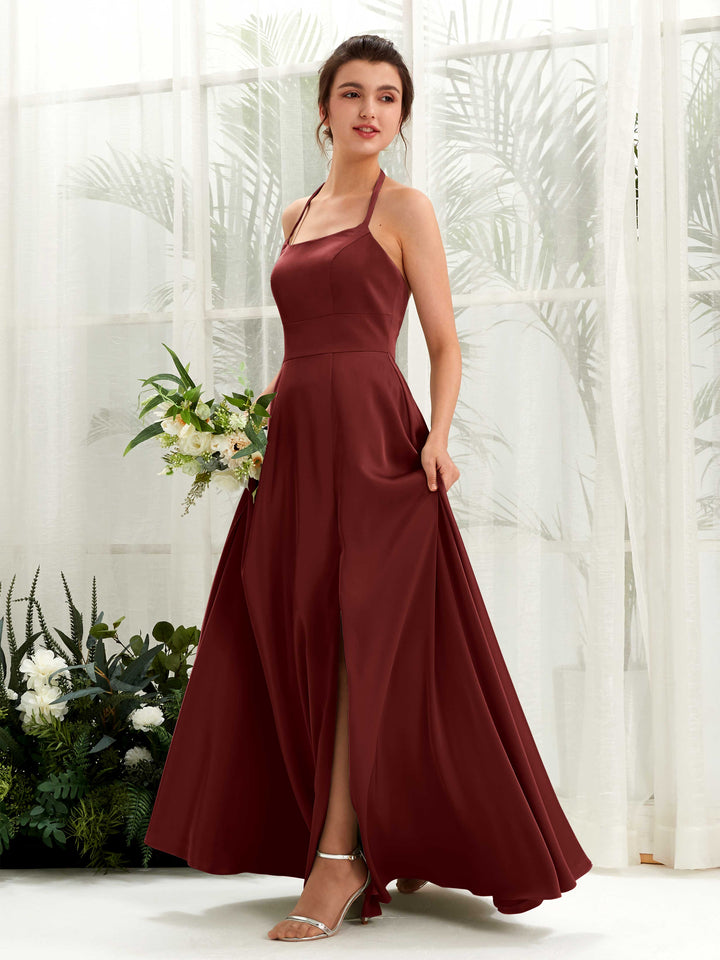 Burgundy Satin Halter Bridesmaid Dress A-Line Floor-Length | Carlyna Burgundy Satin Halter Bridesmaid Dress A-Line Floor-Length | Carlyna
