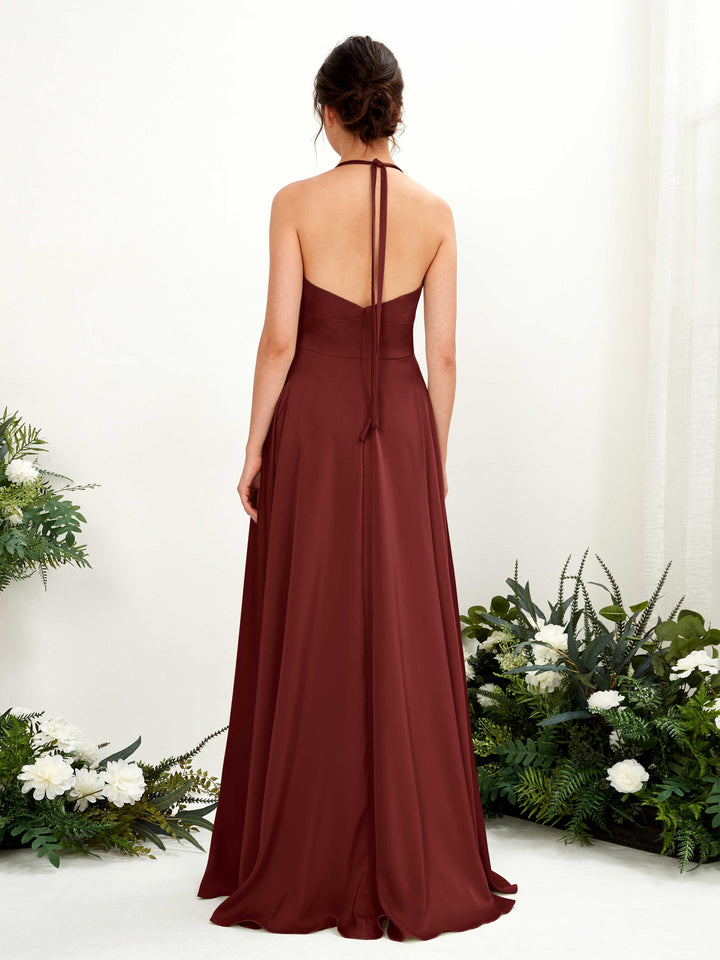 Burgundy Satin Halter Bridesmaid Dress A-Line Floor-Length