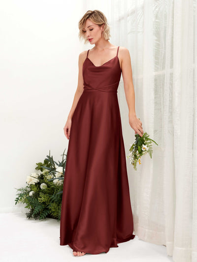 Carlyna Wallis A-Line Burgundy Satin Bridesmaid Dress Maxi Sleeveless Cowl Neck Dress Front View #color_burgundy
