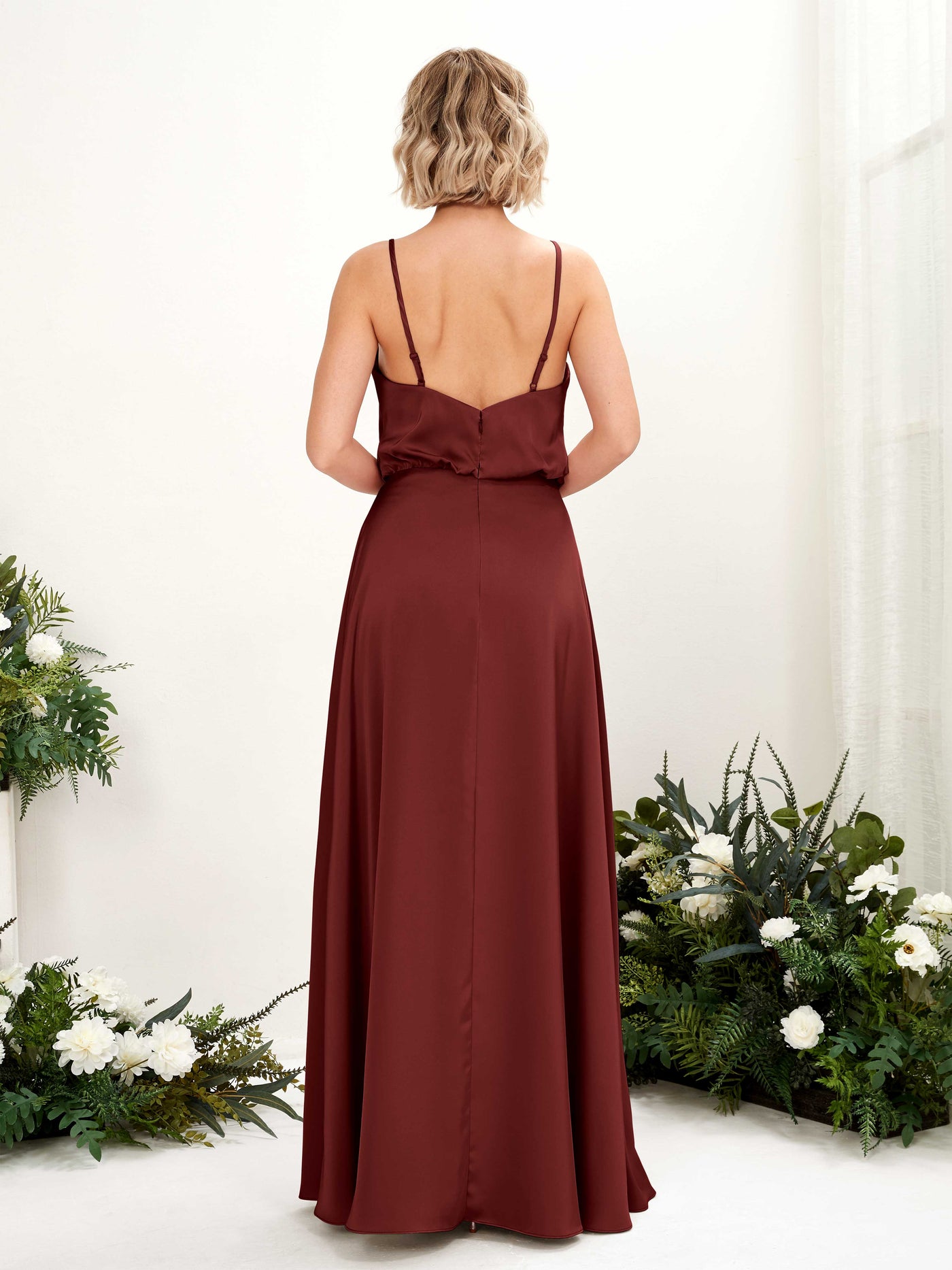 A-line Sexy Slit Spaghetti-straps V-neck Satin Bridesmaid Dress - Burgundy (80224568)#color_burgundy