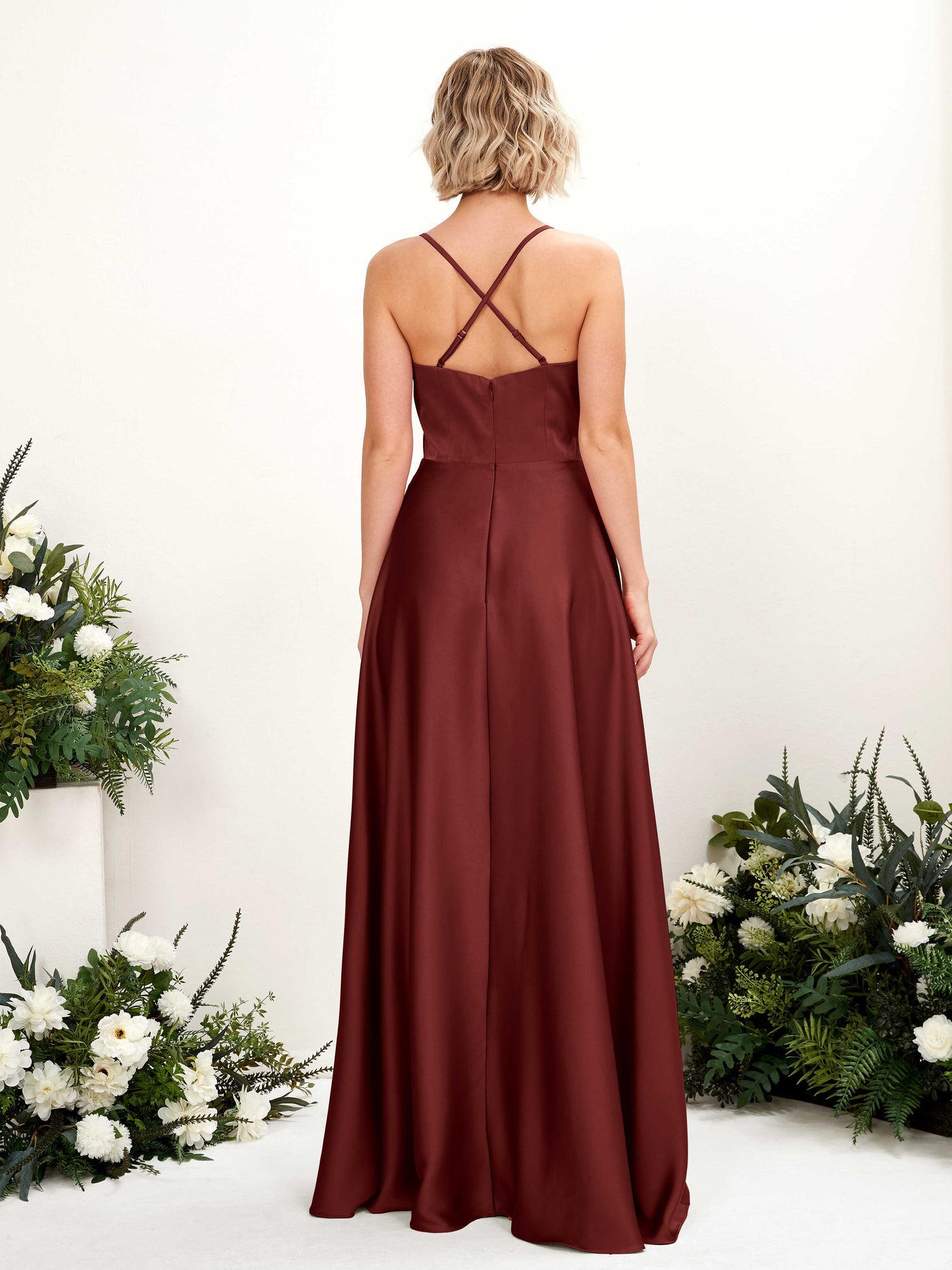 A-line Straps V-neck Satin Bridesmaid Dress - Burgundy (80224868)#color_burgundy