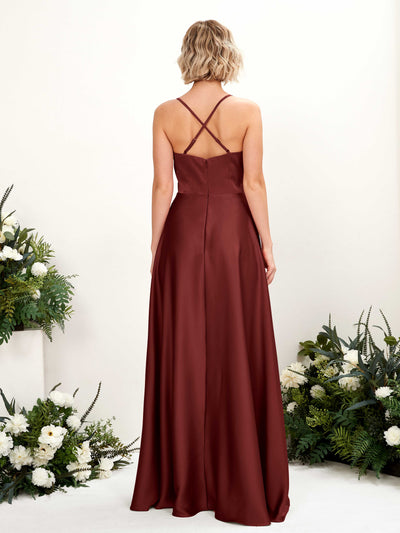 Carlyna Lenoya A-Line Burgundy Satin Bridesmaid Dress Maxi Sleeveless V-Neck Dress Back View #color_burgundy