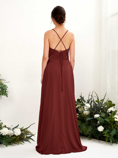 Carlyna Theresa A-Line Burgundy Satin Bridesmaid Dress Maxi Sleeveless Cowl Neck Dress Back View #color_burgundy