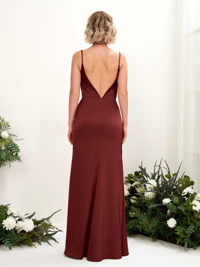 Carlyna Letitia Mermaid Burgundy Satin Bridesmaid Dress Maxi Sleeveless V-Neck Dress Back View #color_burgundy