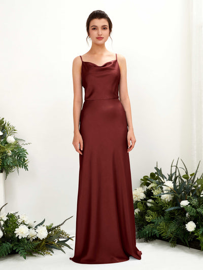 Carlyna Flora A-Line Burgundy Satin Bridesmaid Dress Maxi Sleeveless Cowl Neck Dress Front View #color_burgundy